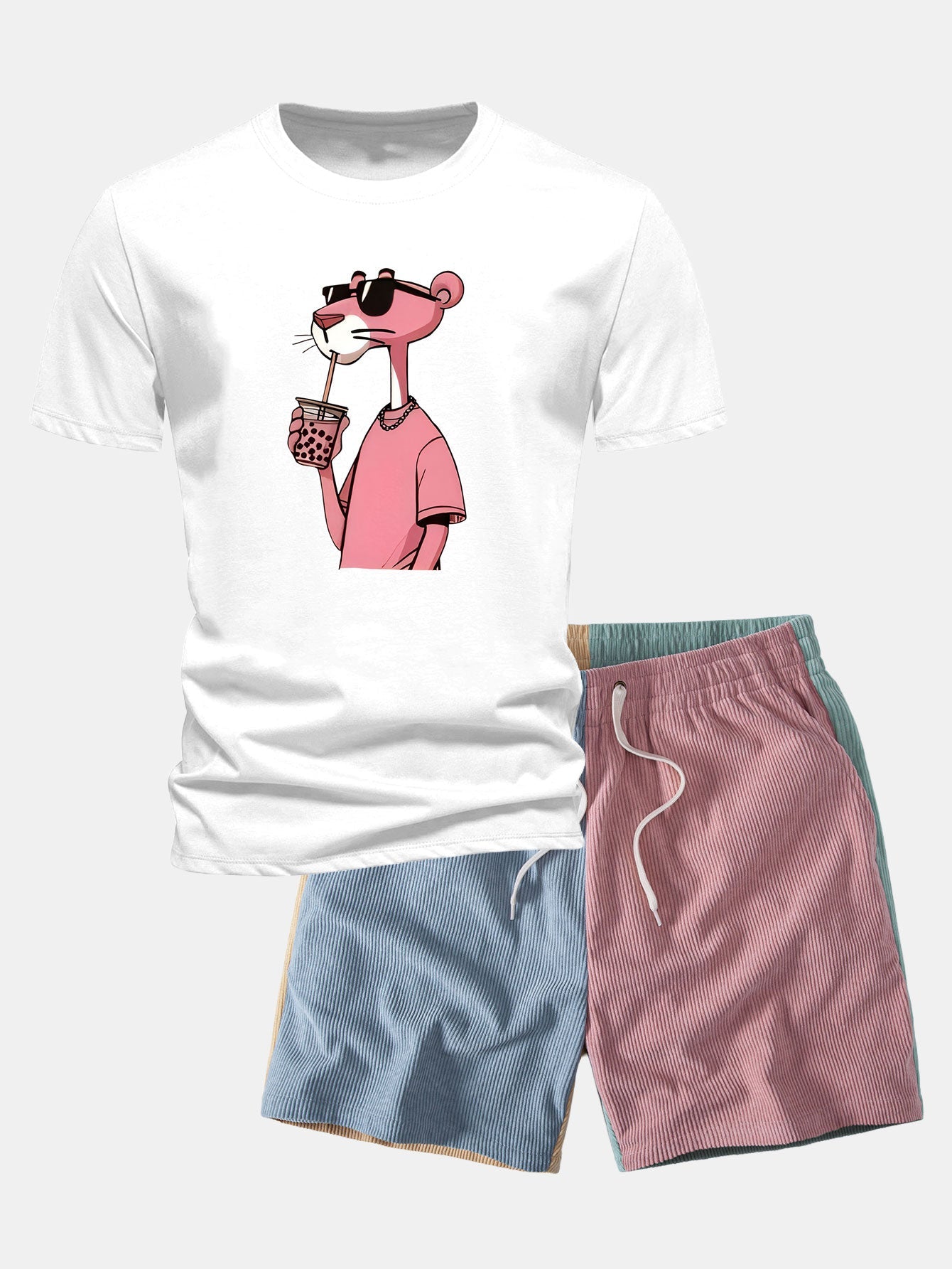 Regular Fit Pink Panther Print Cotton T-Shirt & Color Block Drawstring 6" Corduroy Shorts