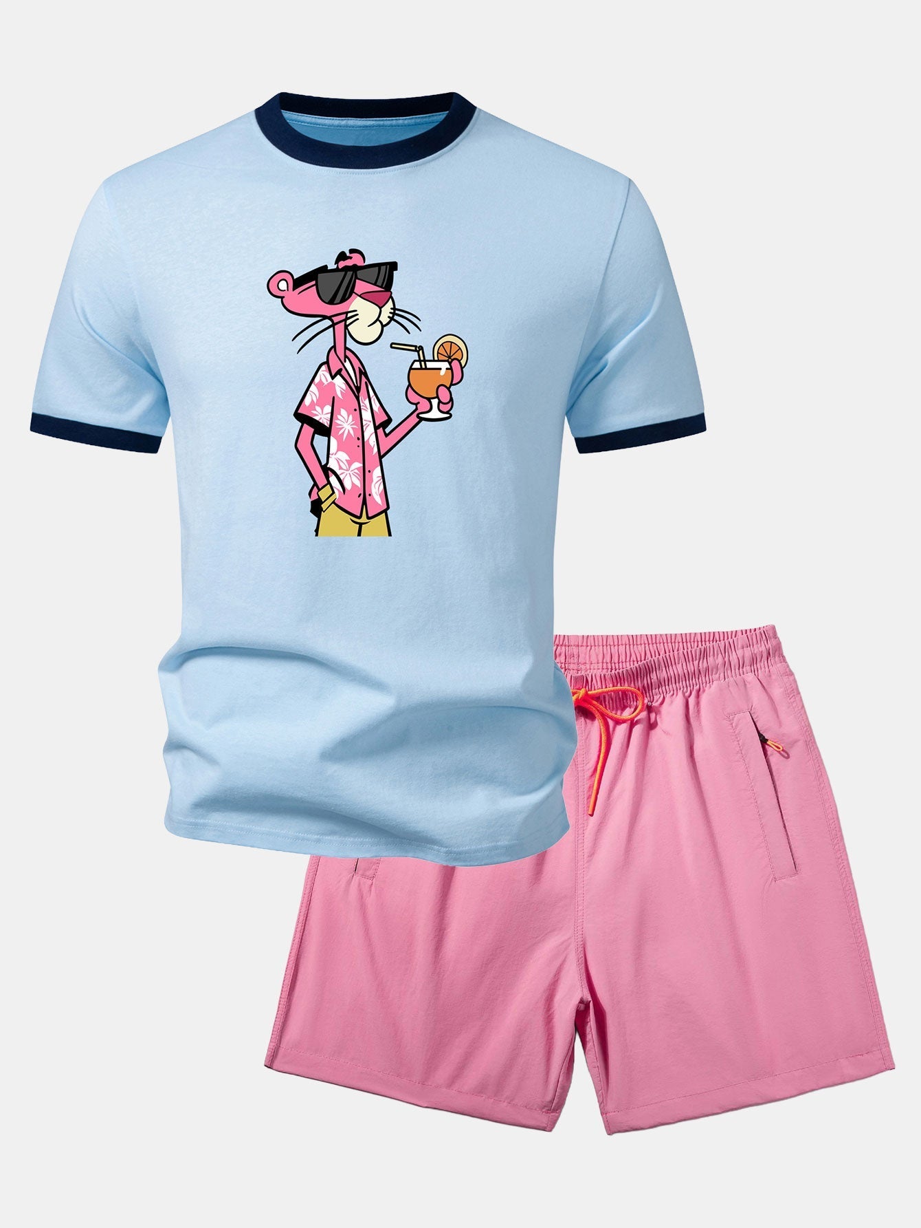 Vacation Pink Panther Print Contrast Ringer T-Shirt & Zip Pocket Swim Shorts