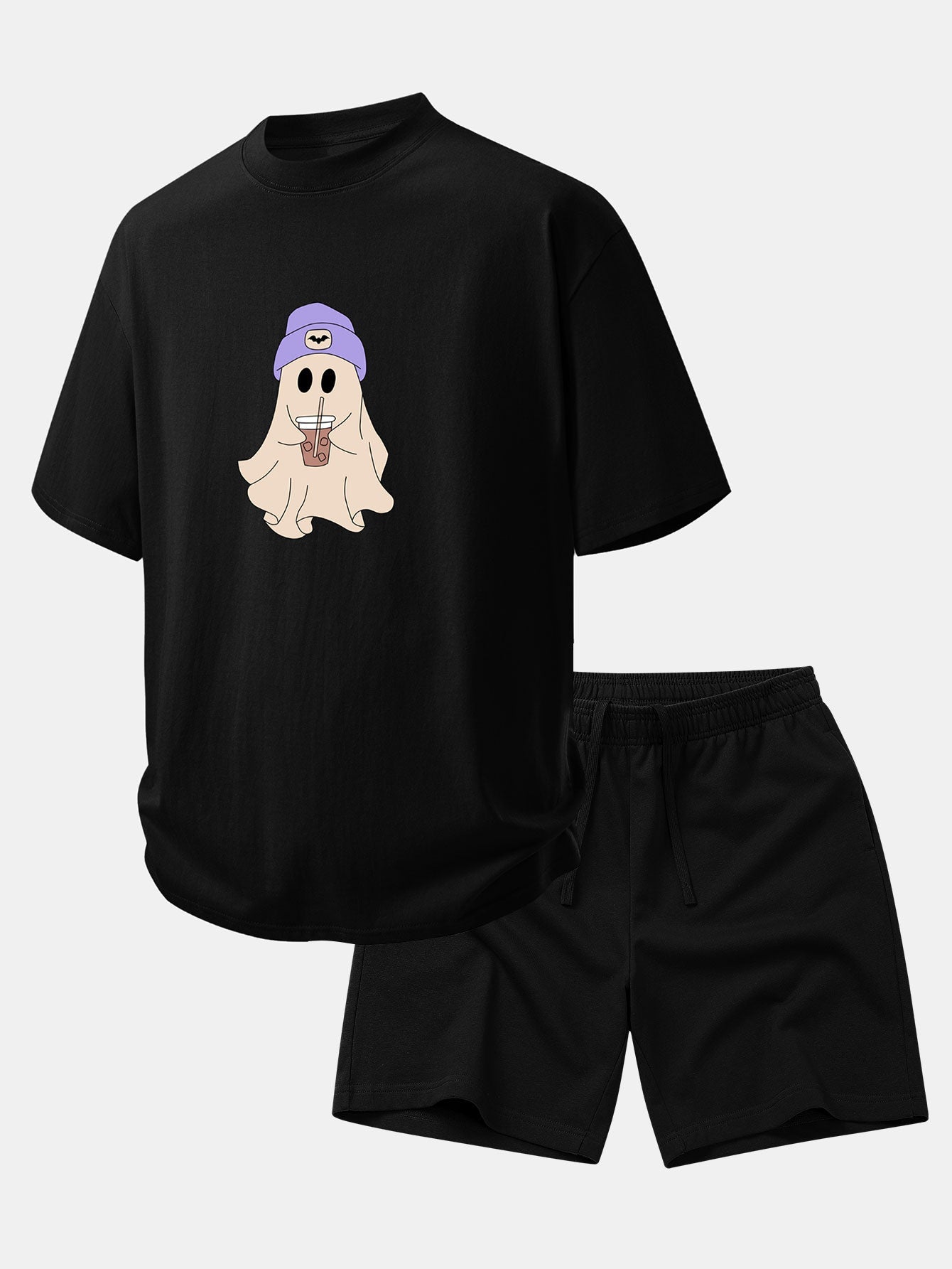 Relax Fit Purple Hat Ghost Print Cotton T-Shirt & Cotton Drawstring 7" Shorts
