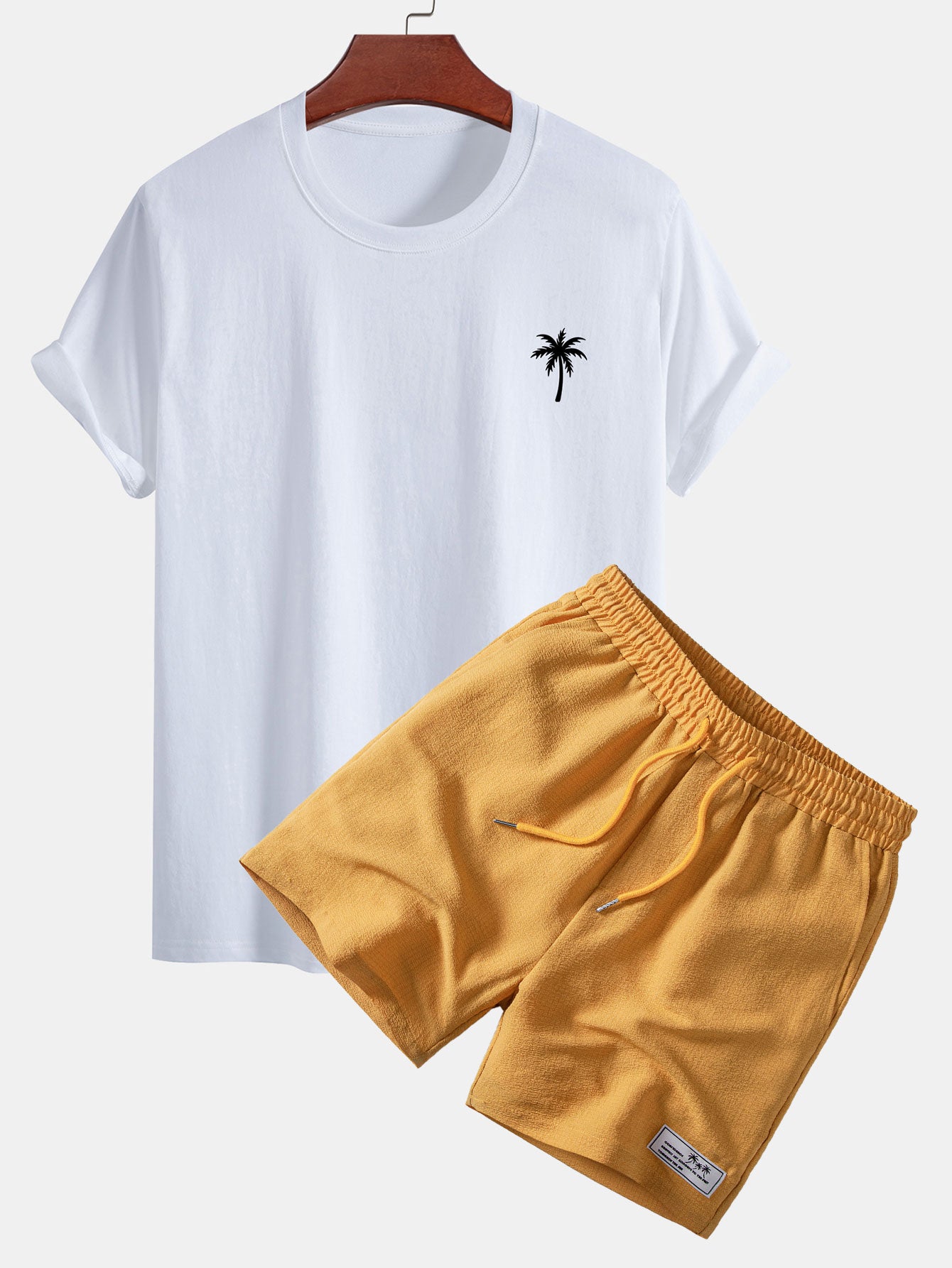 Regular Fit Palm Tree Print Cotton T-Shirt & Palm Tree Patch Seersucker 6" Shorts