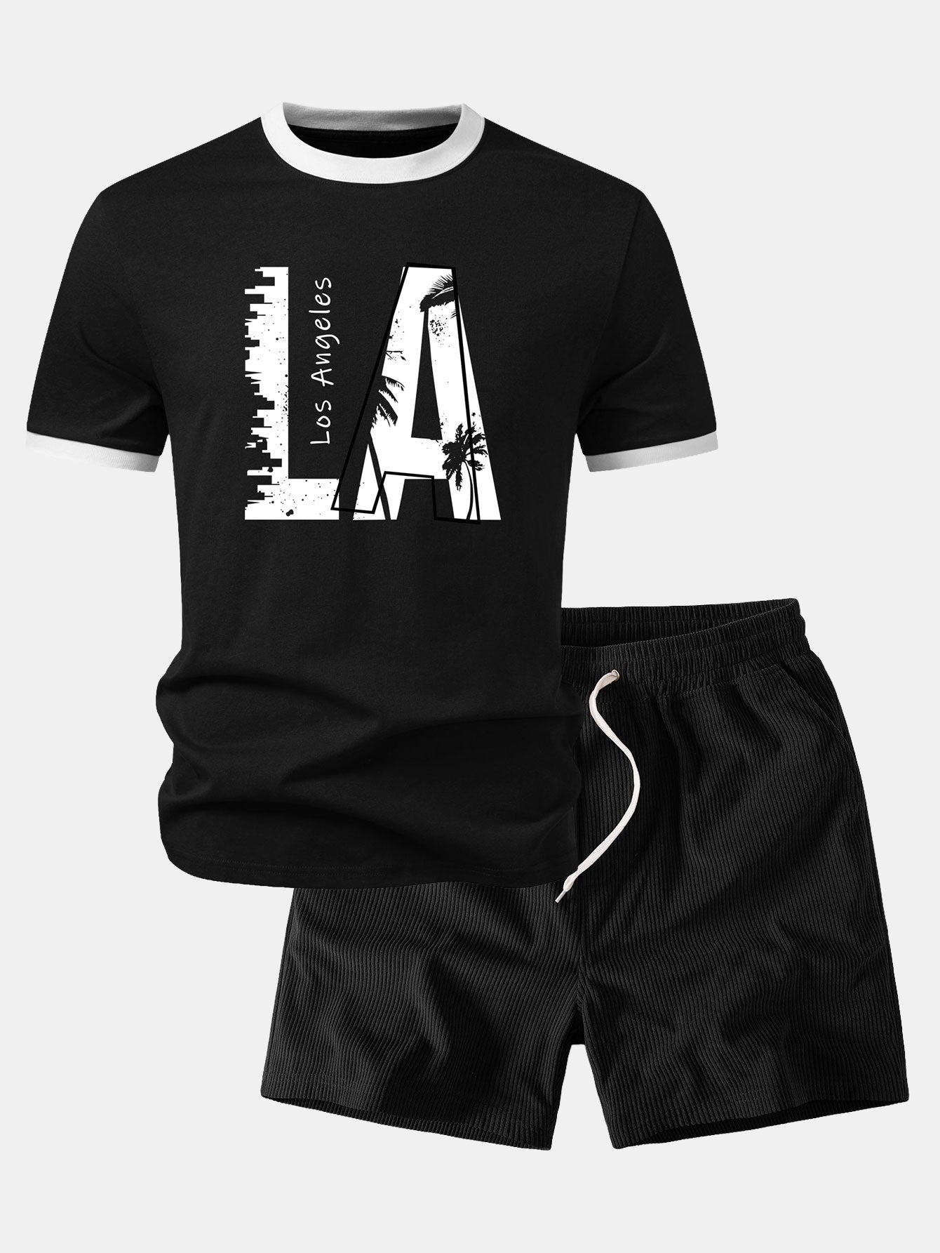 Los Angeles Print Contrast Ringer T-Shirt & 5" Drawstring  Corduroy Shorts