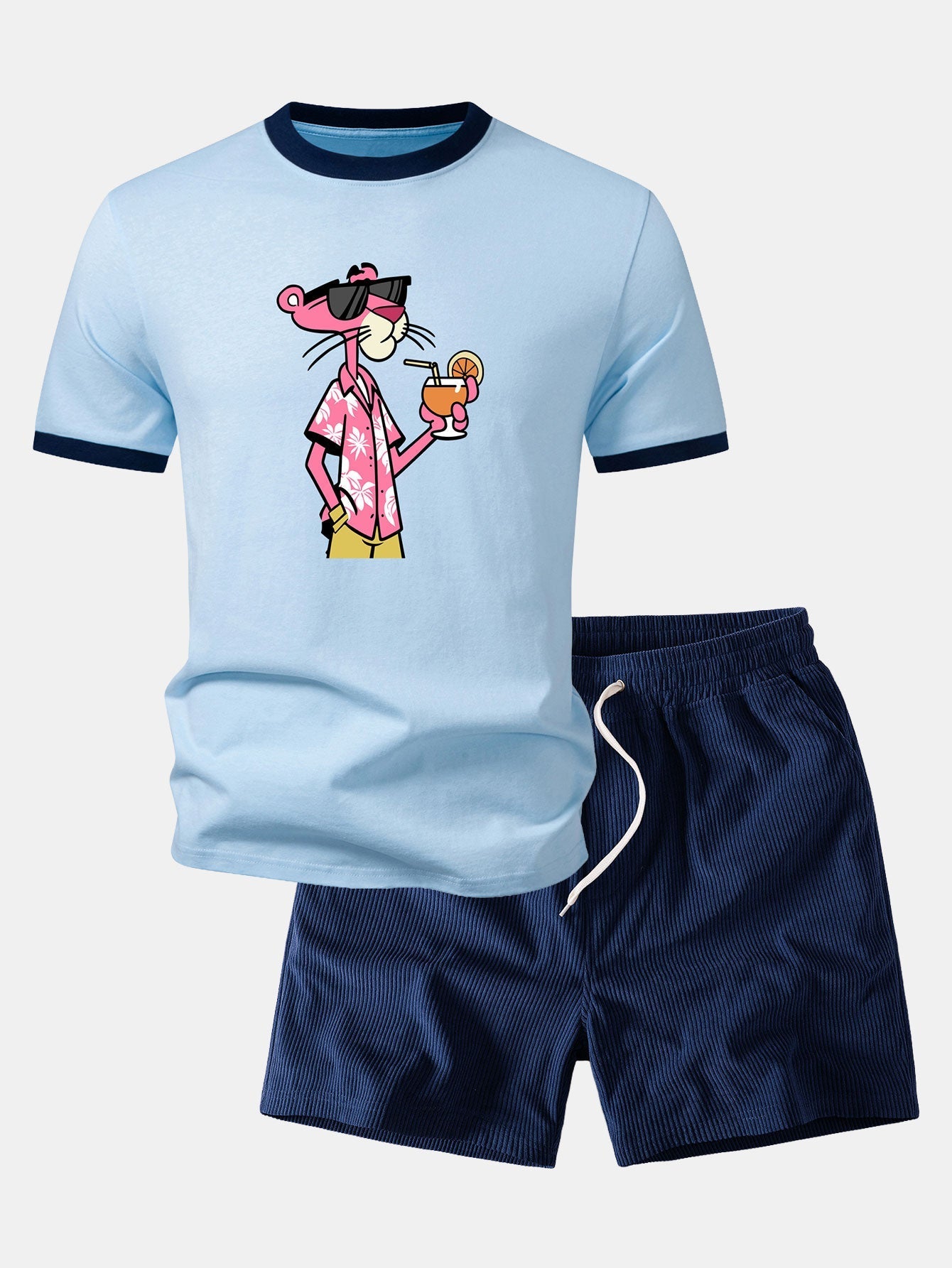 Vacation Pink Panther Print Contrast Ringer T-Shirt & 5" Drawstring  Corduroy Shorts