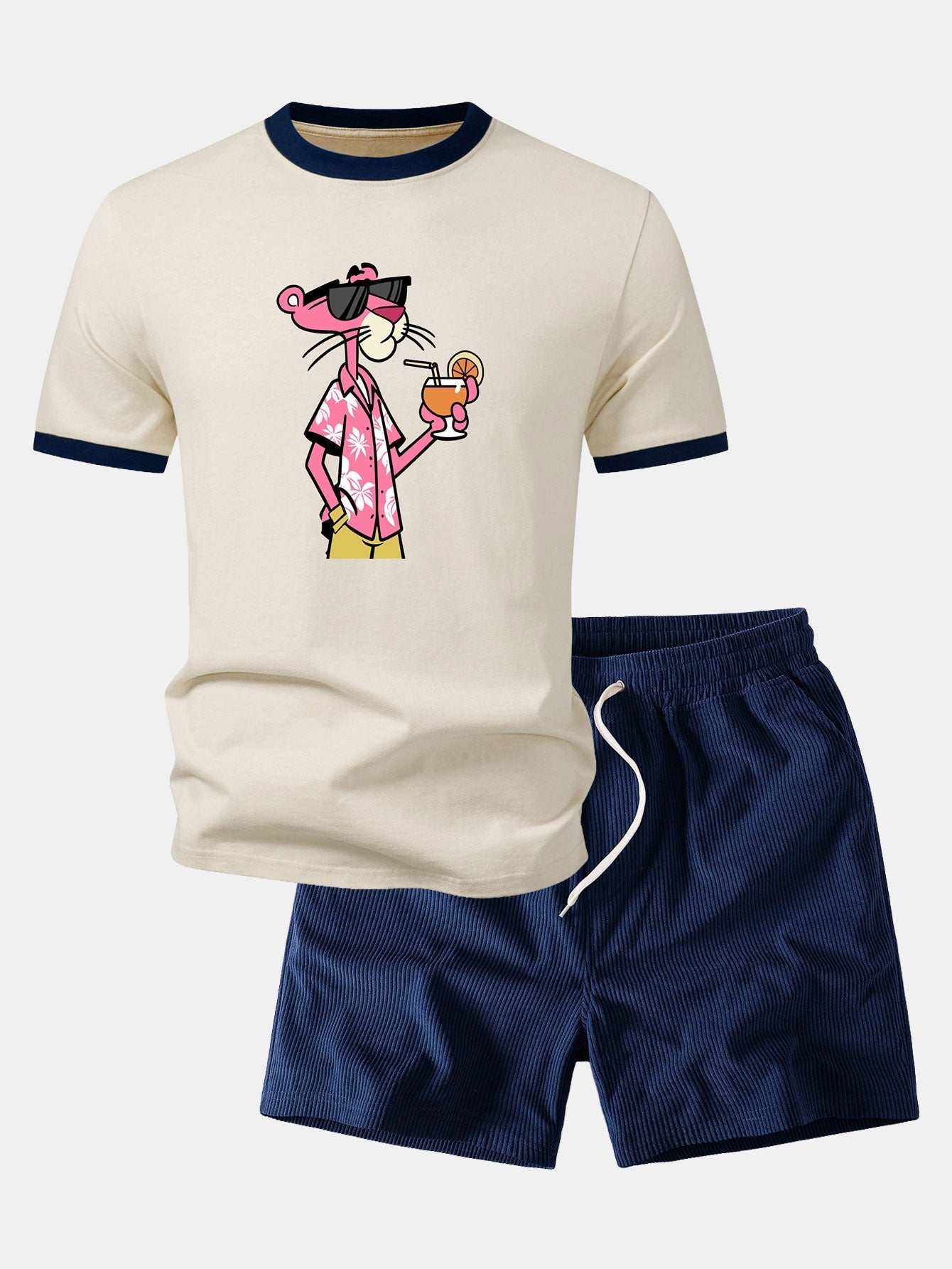 Vacation Pink Panther Print Contrast Ringer T-Shirt & 5" Drawstring  Corduroy Shorts