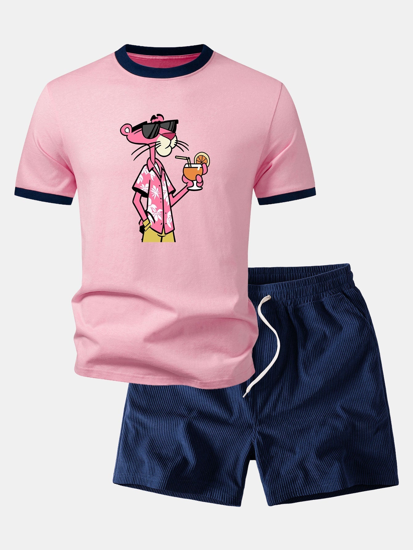 Vacation Pink Panther Print Contrast Ringer T-Shirt & 5" Drawstring  Corduroy Shorts