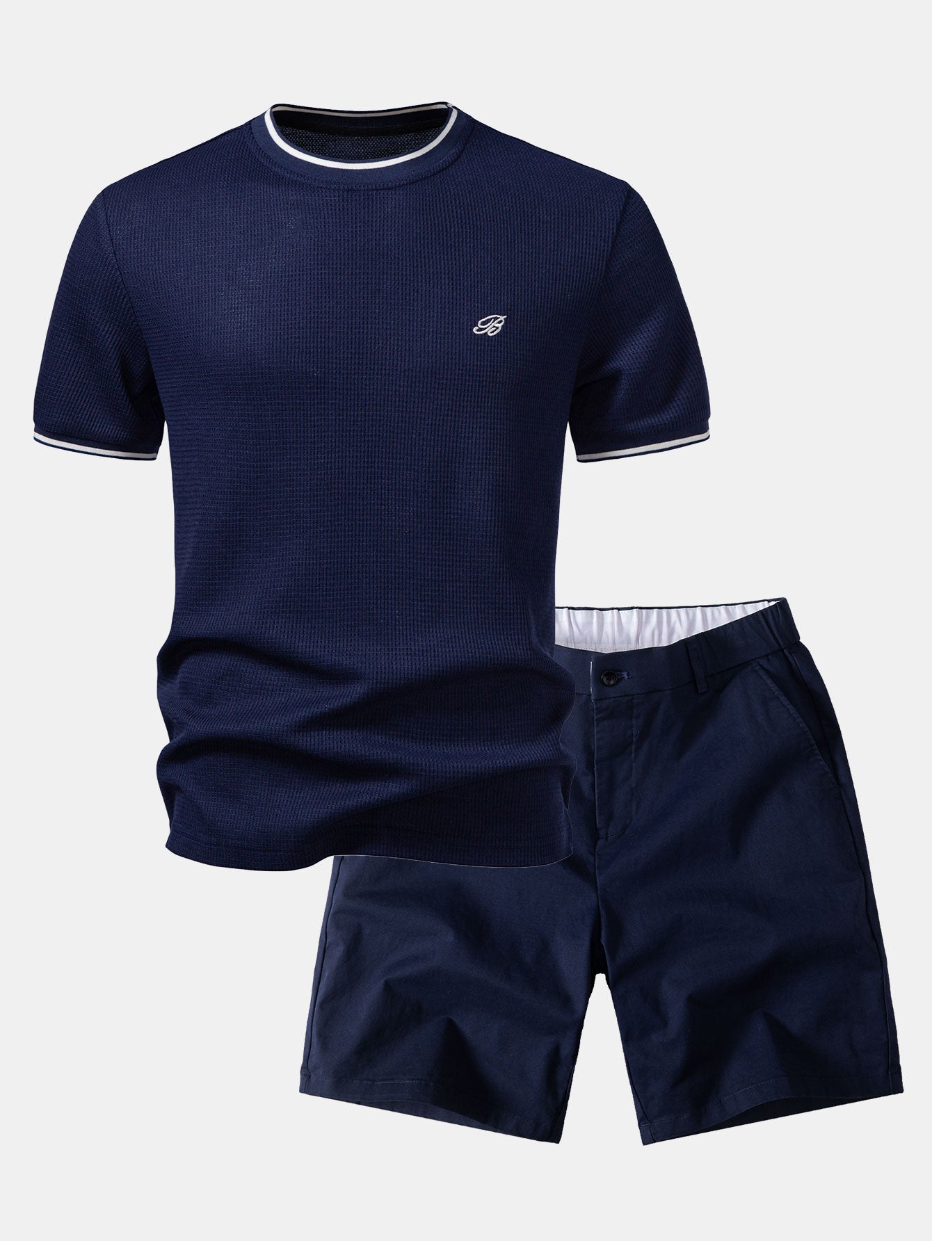 Contrast Trim Waffle Ringer T-Shirt & Elastic Waist Chino Shorts