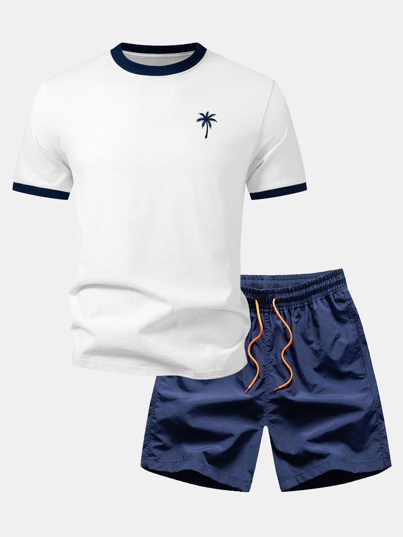 Palm Tree Print Contrast Ringer T-Shirt & Swim Shorts