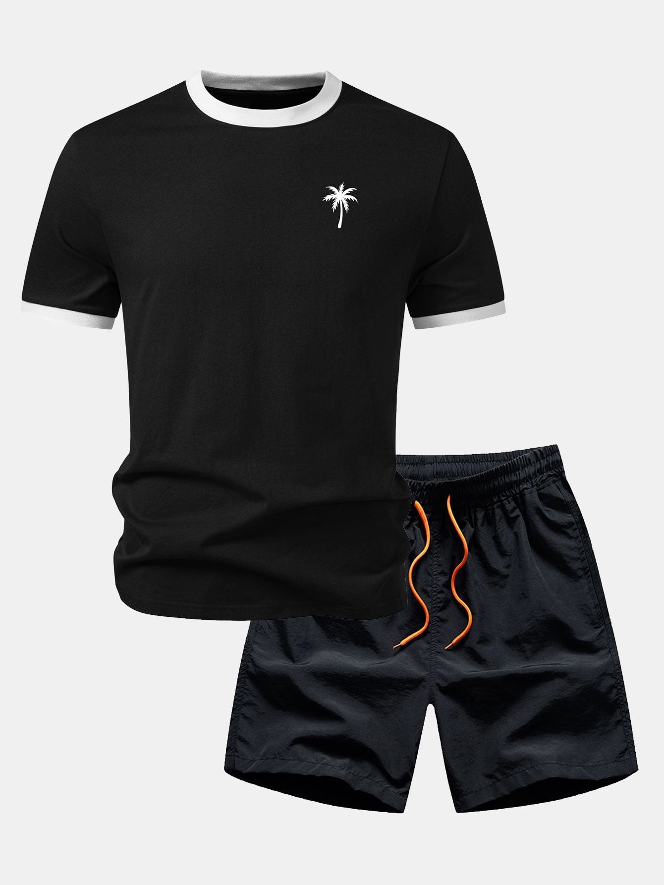 Palm Tree Print Contrast Ringer T-Shirt & Swim Shorts