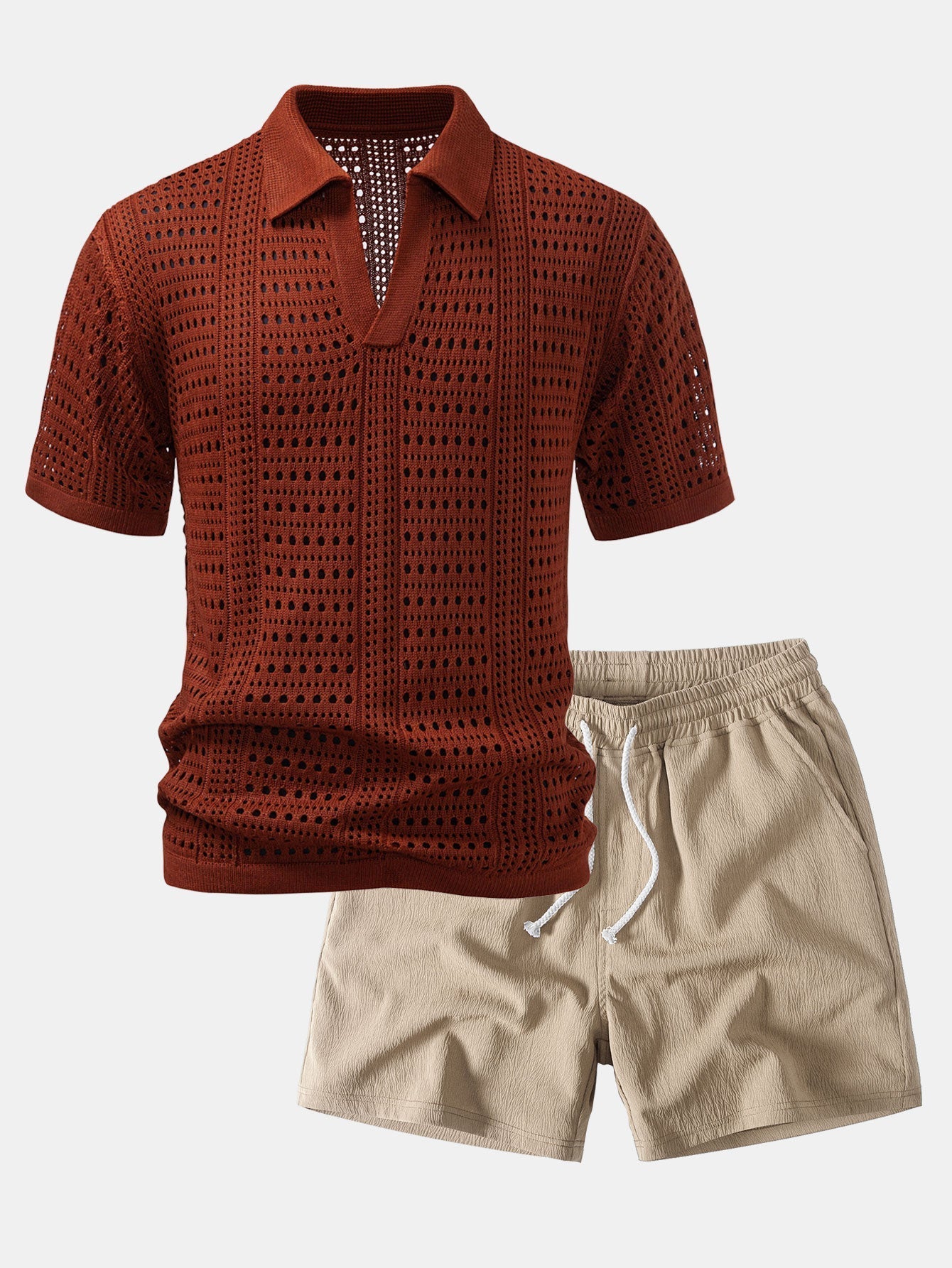 Crochet  V Neck Polo Shirt & Crinkle Textured Drawstring 5" Shorts