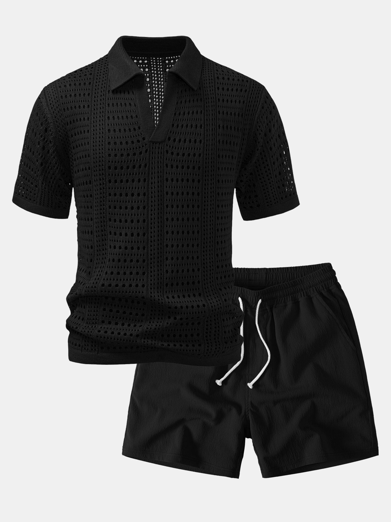 Crochet  V Neck Polo Shirt & Crinkle Textured Drawstring 5" Shorts