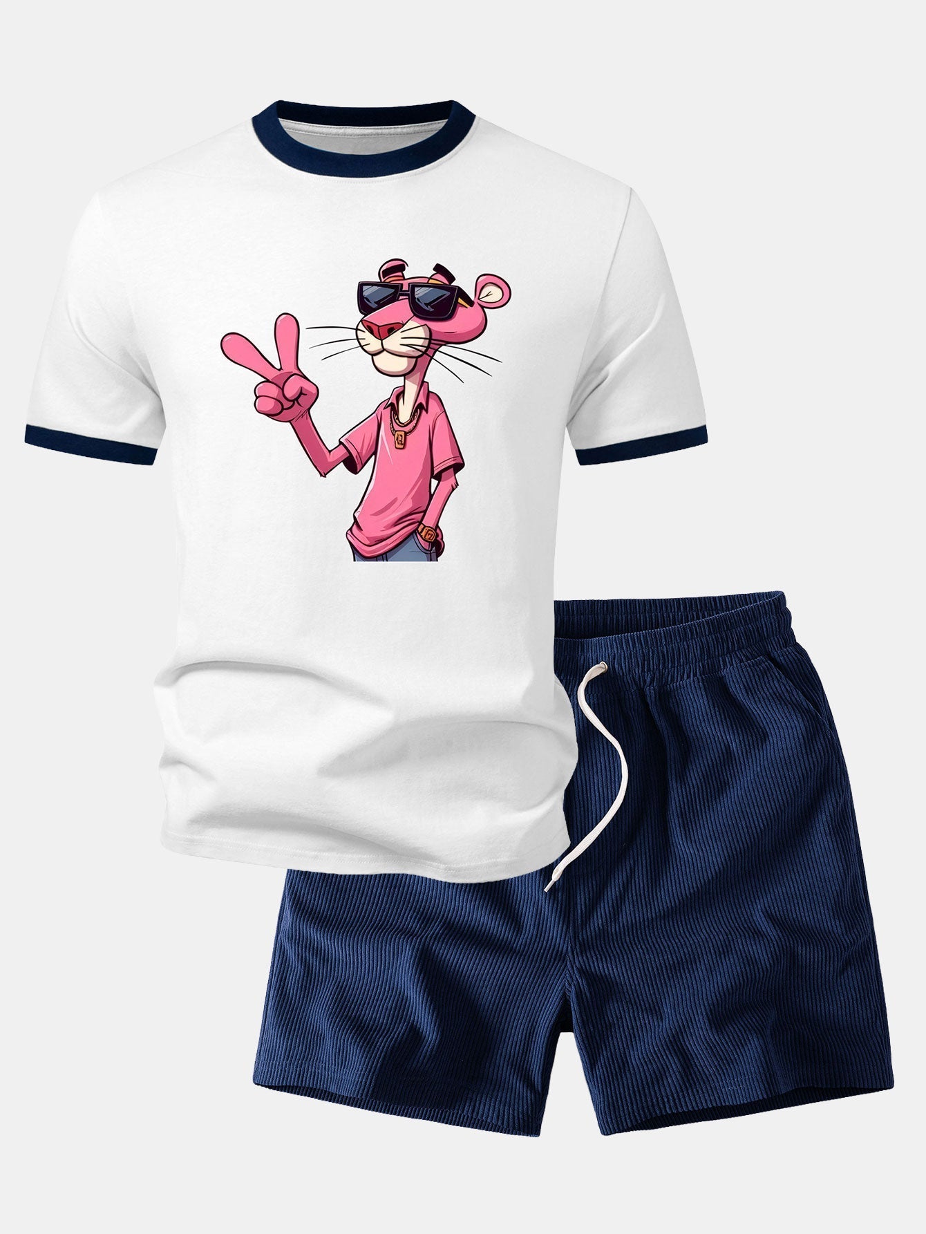 Pink Panther With V Sign Print Contrast Ringer T-Shirt & 5" Drawstring  Corduroy Shorts