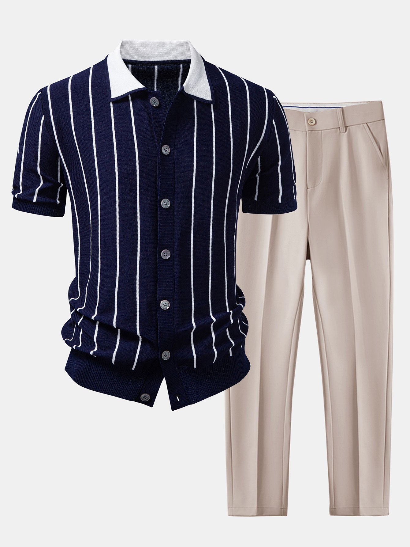 Stripe Button Up Knit Shirt & Slim Fit Tapered Trousers
