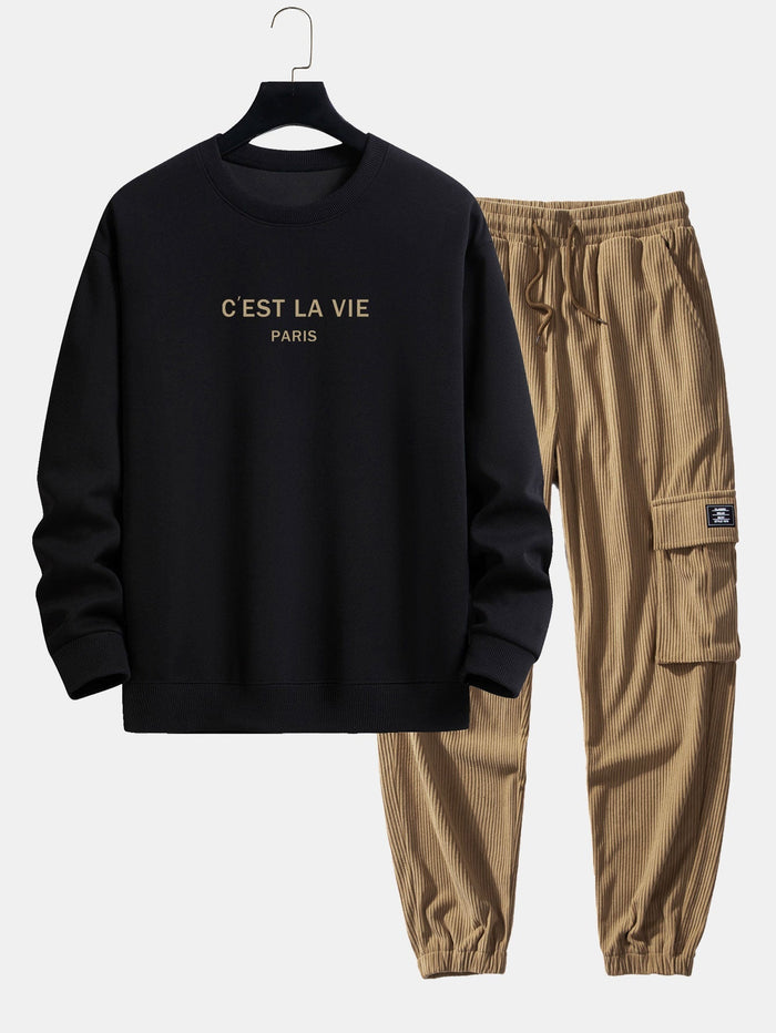Paris Print Relax Fit Sweatshirt & Drawstring Corduroy Cargo Risque
