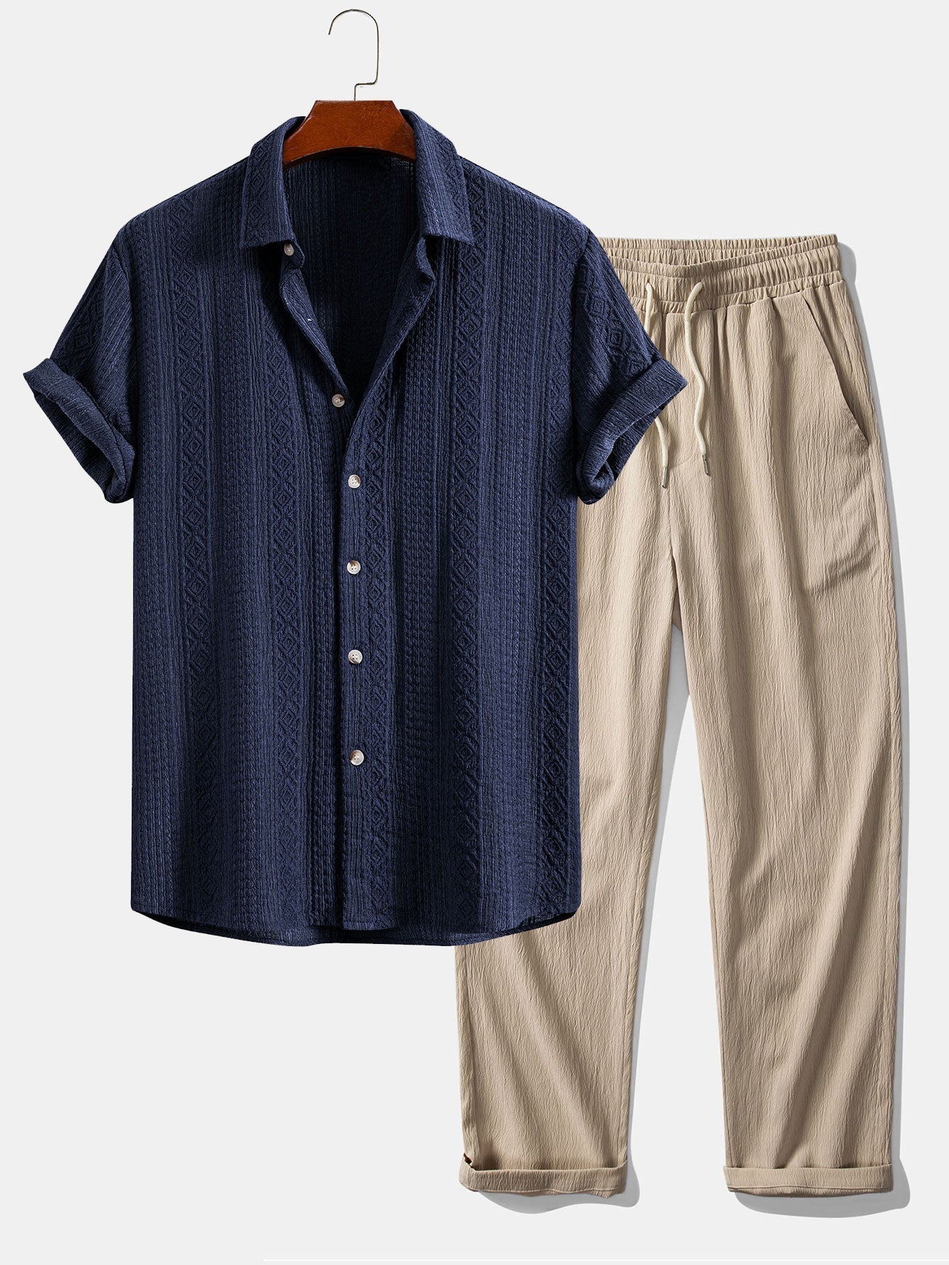 Geometric Jacquard Button Up Shirt & Crinkle Textured Straight Leg Pants