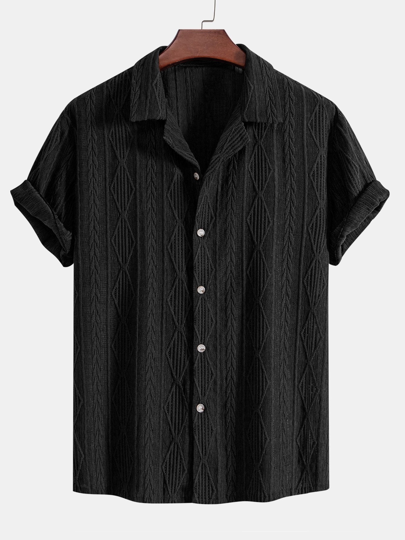 Geometric Jacquard Eyelet Cuban Shirt & Linen Blend Drawstring 7" Shorts
